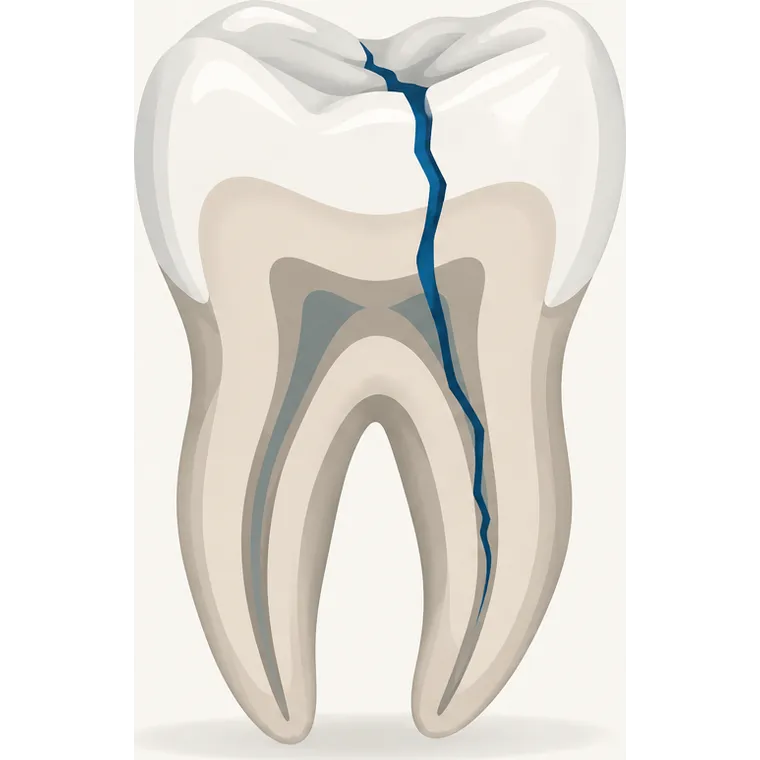 Illustration of a cracked molar in cross-section, the crack running from the chewing surface toward the root