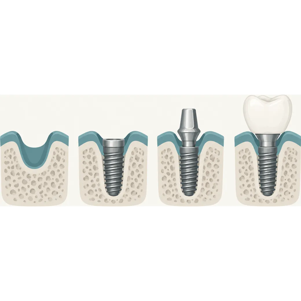 Illustration showing the stages of a dental implant replacing a missing tooth