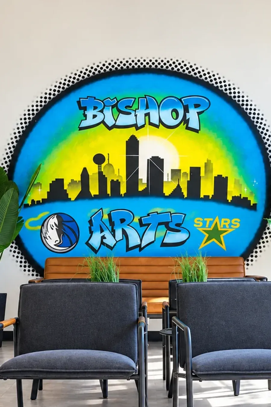 The hand-painted Bishop Arts Dallas skyline mural in the Arts Family Dentistry waiting room