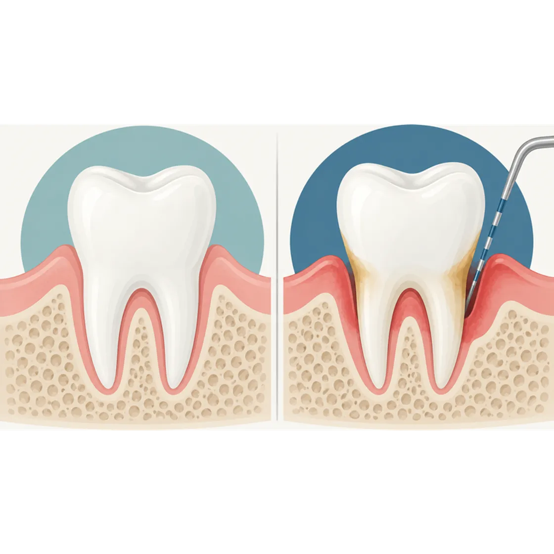 Illustration comparing a healthy gumline with one affected by gum disease, showing recession and pocketing