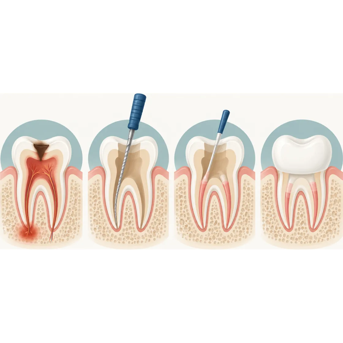 Illustration of root canal treatment in four stages, showing the infected pulp cleaned, shaped, sealed and crowned