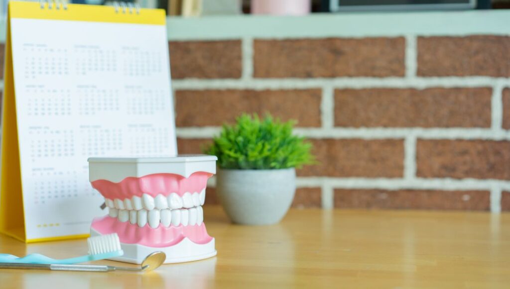 Fake teeth next to a calendar