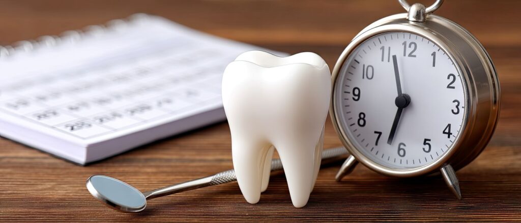 A model of a tooth next to a clock